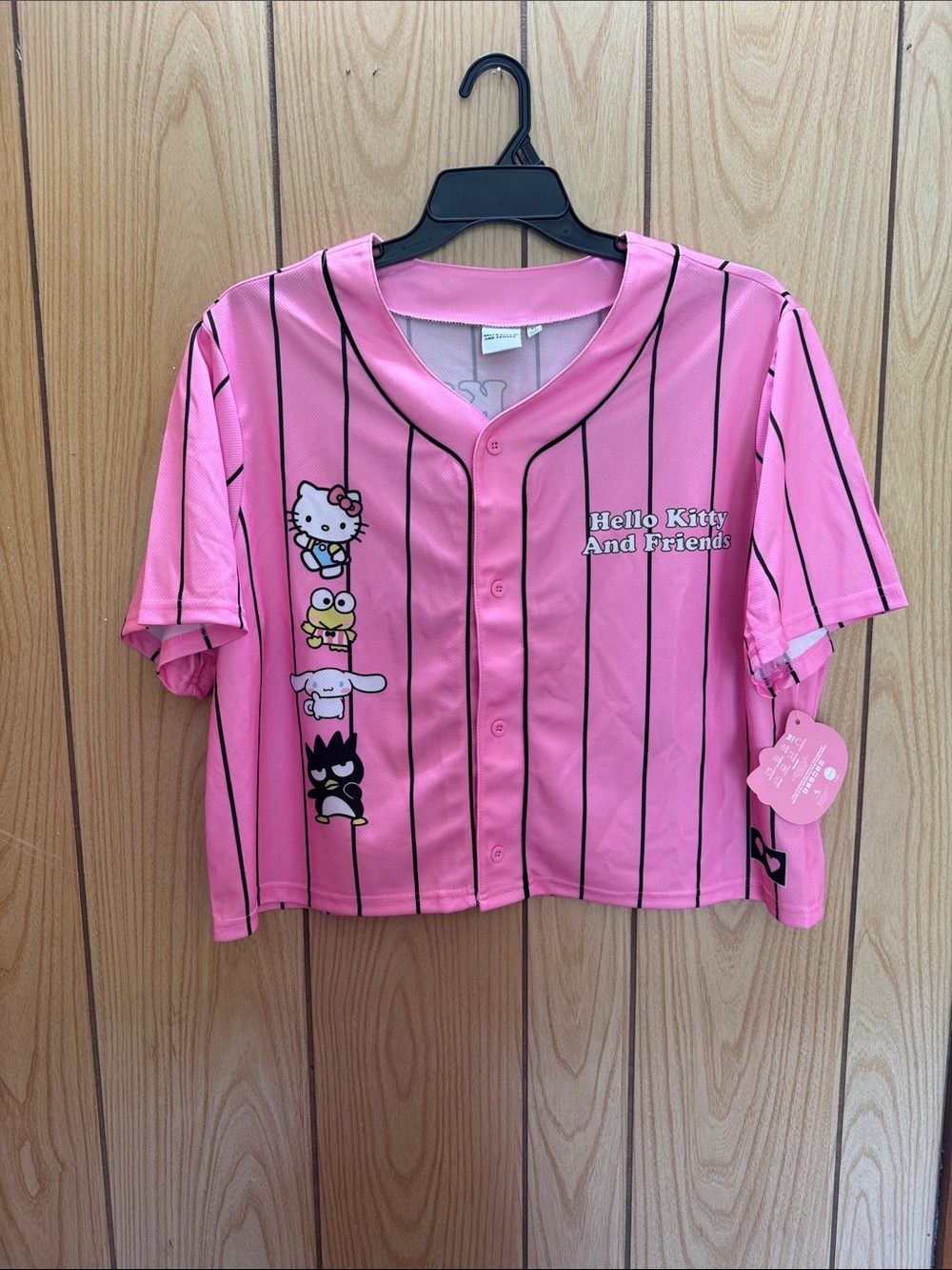 Hello Kitty Cropped Pink Baseball-Style Button Down Shirt with Character Stripe